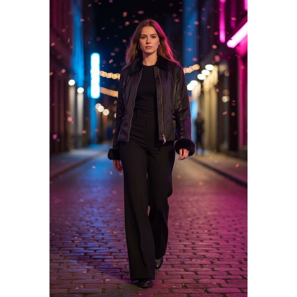 Ebene by Patrick Assuline Black Fur Trim Zip Jacket with Back Chain Tassel 2